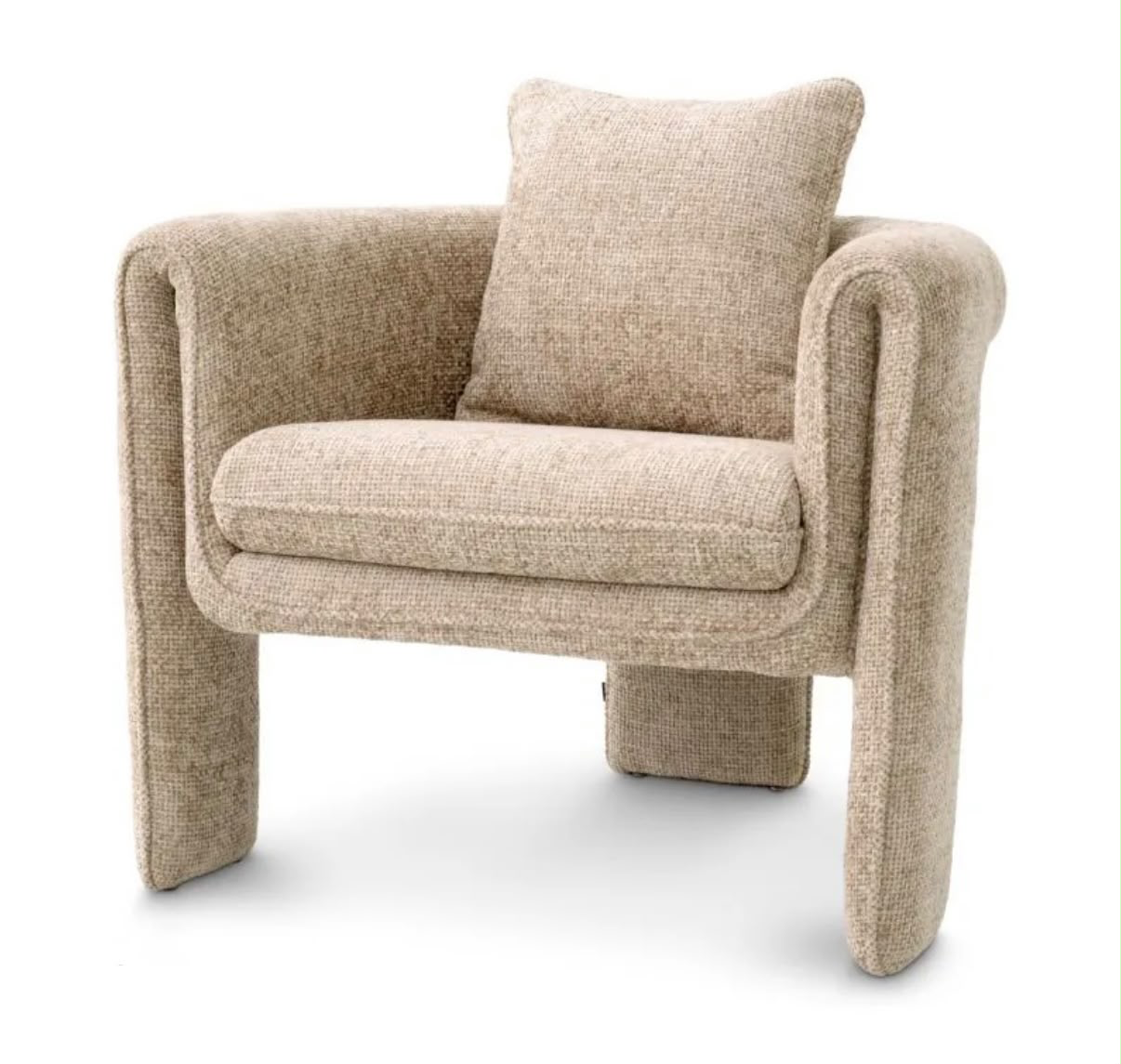 Sculptural bouclé armchair with rounded arms and loose cushion