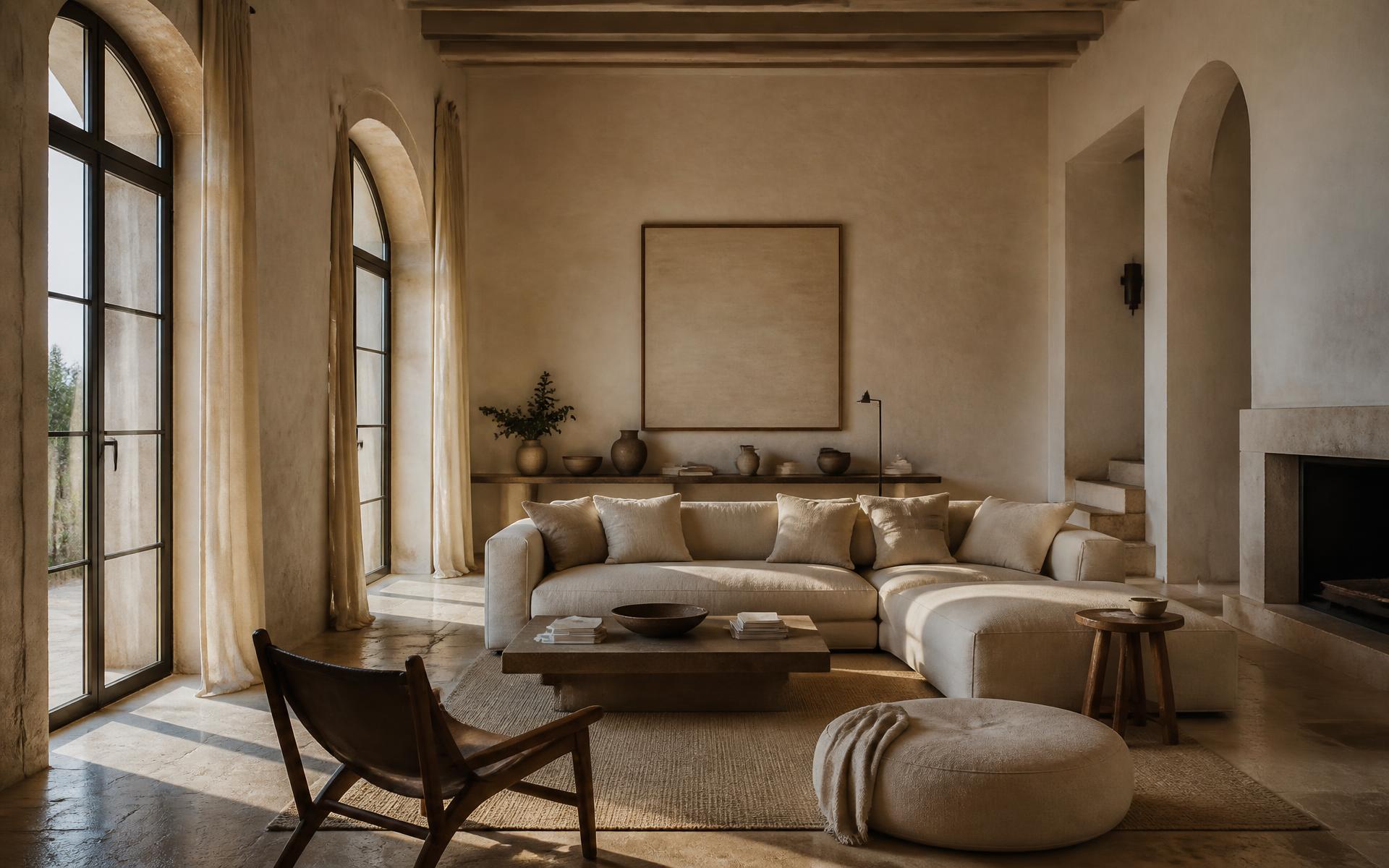 Sunlit Mediterranean living room with arched windows, linen seating and limestone floors